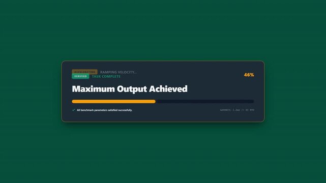 Modern dark user interface dashboard widget showing maximum output achieved text with progress bar on green background.