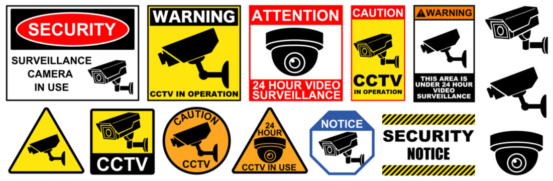 CCTV surveillance camera warning sign and icon collection