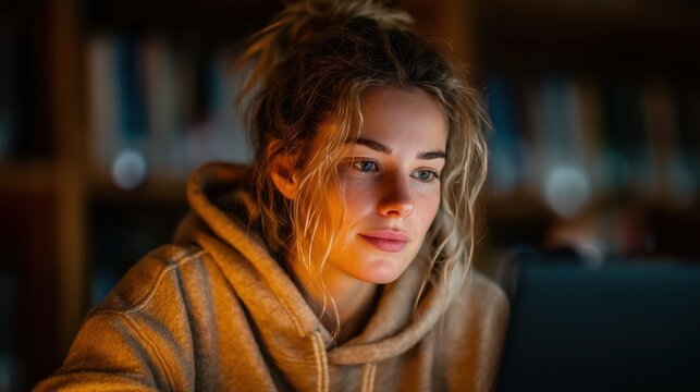 Young woman studying on laptop in library at night