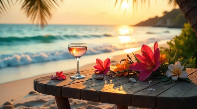 Serene Sunset Beachside Relaxation A Glass of Ros?, Tropical Flowers, and Golden Hour Ambiance