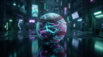 Fototapeta premium Futuristic baseball with glowing cyan and magenta geometric lights in a cyberpunk city street with neon lights.
