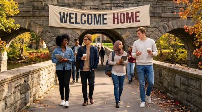 Diverse college students walking under welcome home banner.