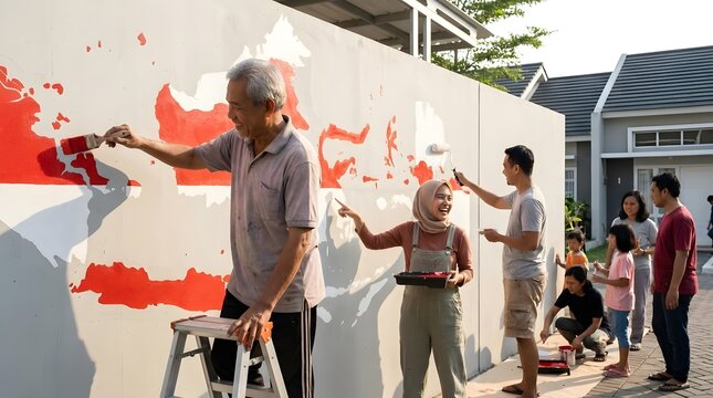 Diverse community painting red and white mural on wall