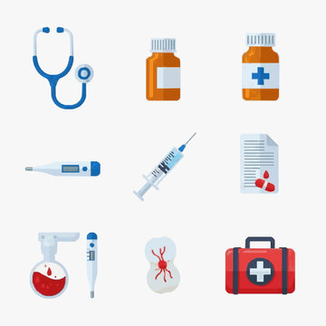 Elegant Medical Icons Set Stethoscope Thermometer Syringe Pills Blood Test First Aid Kit and Prescription in Soft Pastel Colors