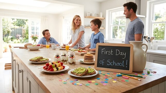 Diverse family sharing healthy breakfast at home before school.