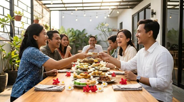 Diverse friends eating together at an outdoor dining table.