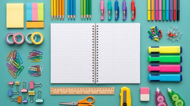 Top View School Supplies Flat Lay with Blank Notebook and Copy Space