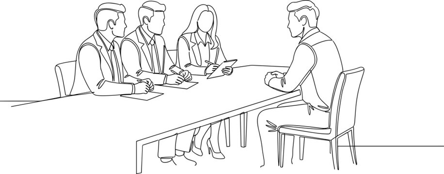 Job Interview: Candidate faces panel of interviewers, line art illustration