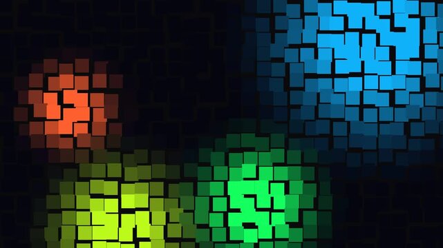Colorful glowing square mosaic background featuring geometric pixel blocks, vibrant gradients, and smooth animated movement.