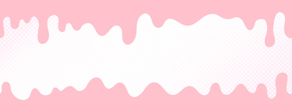 Pink bubblegum drips border on transparent background. Melting candy frame with sweet liquid drops. Cute dripping banner for sweet design