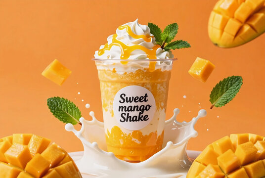 Delicious mango milkshake with whipped cream and fresh mint leaves on orange background