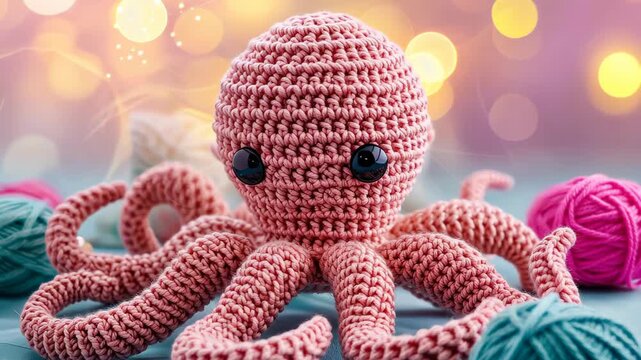 Crocheted Octopus with Yarn Balls: A charming, hand-crocheted octopus toy sits amidst colorful balls of yarn and subtle bokeh lights.