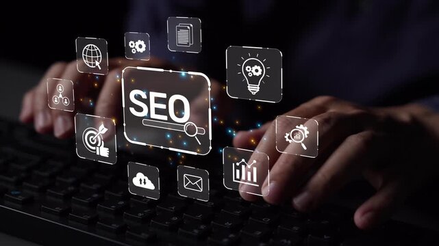 SEO concept for improving SEO visibility, with SEO related digital tools and SEO performance icons shown in an focused layout for strategic marketing. Muxer
