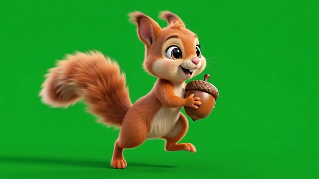 Cute animated squirrel running with an acorn on green screen