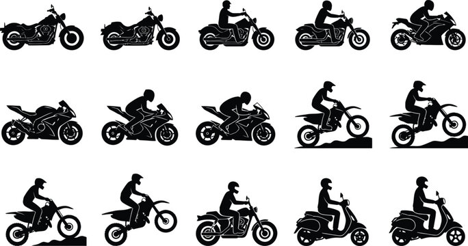 Set of fifteen black and white motorcycle silhouettes showing various bike types and riders in different poses on a white background