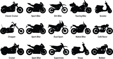 Set of fifteen black and white motorcycle silhouettes with labels identifying various bike styles like cruisers, sport bikes, and scooters © AYAN HASSAIN RIFAT