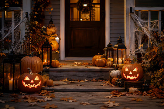 Spooky Halloween Porch with Carved Pumpkins and Lanterns