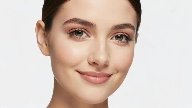 Natural Beauty: A close-up portrait of a young woman with a gentle smile and subtle makeup, showcasing her radiant complexion and natural beauty. Her eyes are bright and engaging.