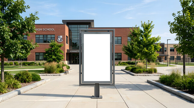 Blank outdoor billboard mockup in front of a high school building