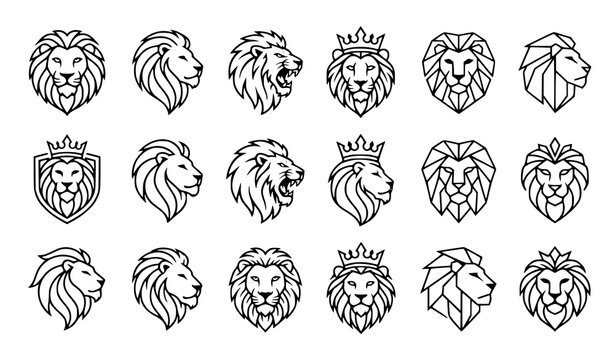 Modern lion head logo collection featuring royal crowned lions, roaring mascots, geometric profiles, and heraldic emblems in premium black vector style