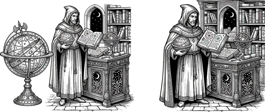 Monk studying ancient celestial globe and books in library