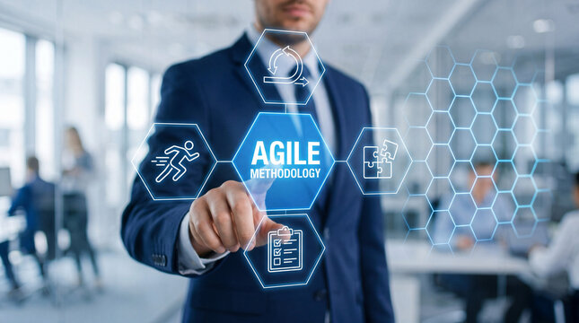 Businessman using agile methodology interface. Corporate manager interacting with digital data.
