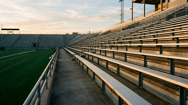 Empty aluminum stadium bleachers at golden hour with green turf field in the background. Tiered seating rows in a public outdoor sports arena during sunset with a clear sky view.