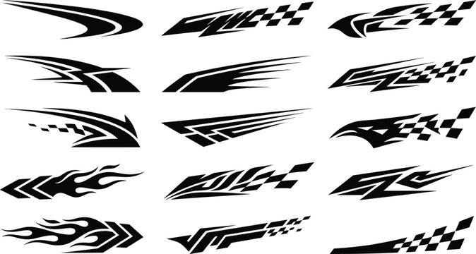 Set of black racing car side decals, checkered flag patterns, flame motifs, and speed stripes for automotive vinyl body customization