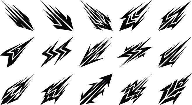 Collection of black abstract speed and motion decals for car customization featuring sharp tribal shapes and directional arrows on white