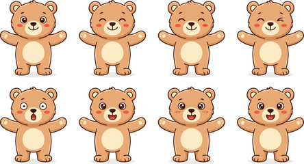 Cute Cartoon Teddy Bear Character Poses and Brown Bear Cub Expression Vector Set © Kuddus