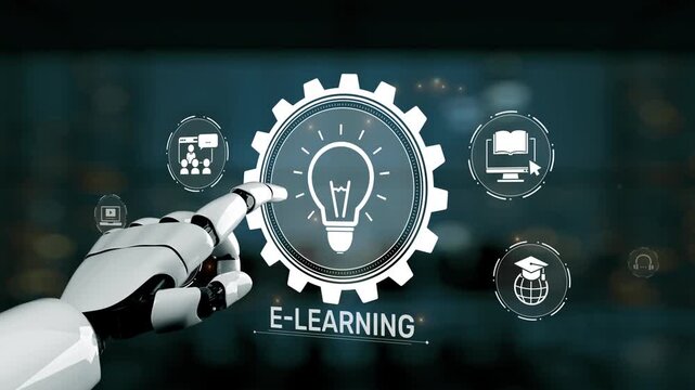 A robotic hand engages with glowing e-learning icons in a modern virtual environment, symbolizing the integration of technology and education for interactive learning. Synapse
