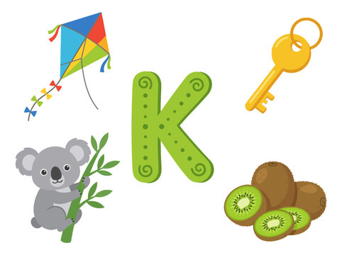 Alphabet Letter K with Kite Key Koala and Kiwi Fruits.