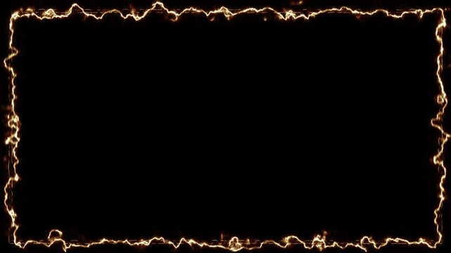 黒背景に激しく放電するオレンジとゴールドの電気フレーム 4Kループ動画 / Orange and gold electric lightning frame effect on black background seamless loop 4K