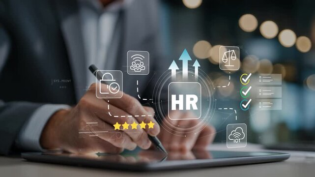 HR workforce growth strategy with animated human resources icon, talent development, employee performance management, recruitment planning and digital business operations shown by businessman