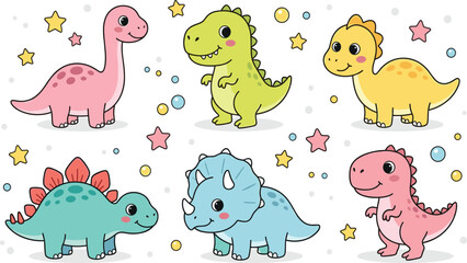 Cute Cartoon Baby Dinosaurs and Kawaii Prehistoric Reptile Sticker Vector Set © Kuddus