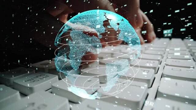 This image illustrates the concept of digital transformation, featuring a glowing globe above a keyboard, symbolizing global connectivity and advanced data visualization. Xenic