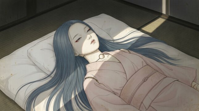 Ball-jointed doll girl with long blue hair lying on a Japanese futon with sunlight shining through
