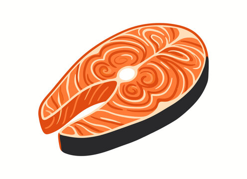 Fresh salmon steak isolated on white. Raw fish fillet vector illustration for food menu