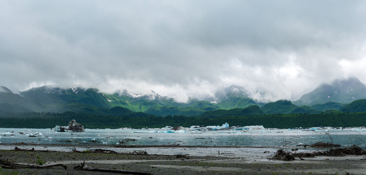 Panoramic view of Glacial Lake Alsek in Tatshenshini-Alsek, world heritage site in United States 