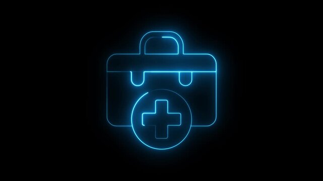 Medical briefcase glowing neon line art animation on black background seamless loop footage. Animated glowing neon line art of medical briefcase with a plus sign for health and first aid concepts