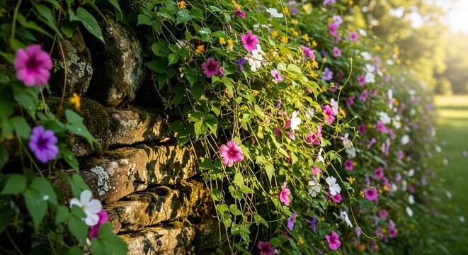 Stone wall flowers sunlight