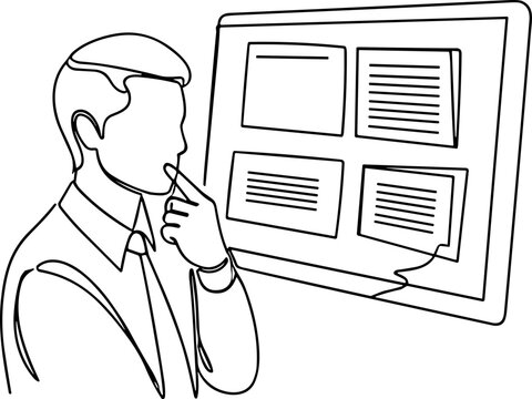 Man thinking about digital presentation on screen, one line drawing