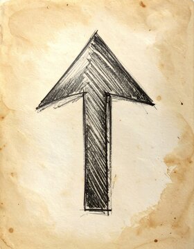 Hand-drawn black arrow pointing up on aged parchment paper with watercolor stains