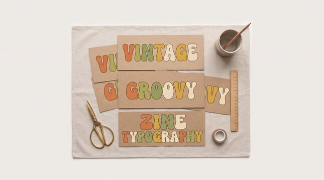 Vintage Groovy Zine Typography Craft Flatlay Setup