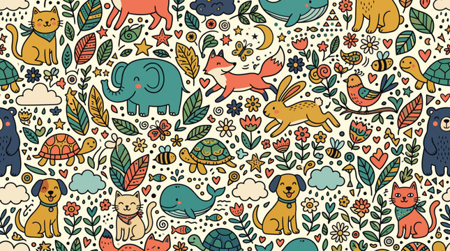 Seamless pattern with cute cartoon animals flowers and forest nature elements