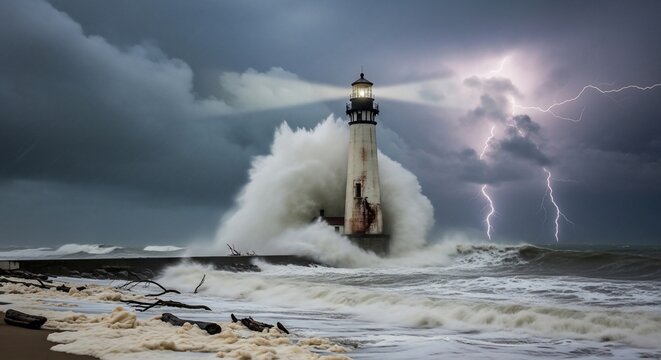 Stormy lighthouse coastal scene