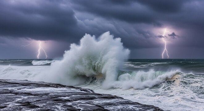 Stormy ocean waves lightning