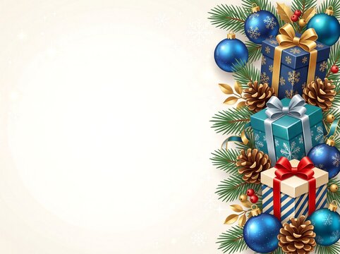 Christmas Background with Blue Gift Boxes and Baubles on White