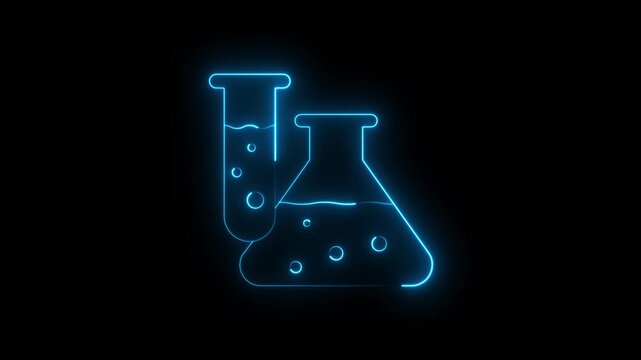 Neon blue laboratory glassware glowing on black background for chemistry science and research, motion animation. neon blue laboratory beaker and test tube animation glowing against dark background