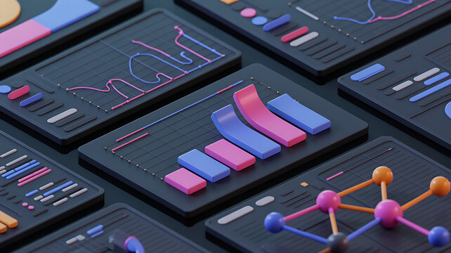 3d rendered data visualization interface with charts and graphs de